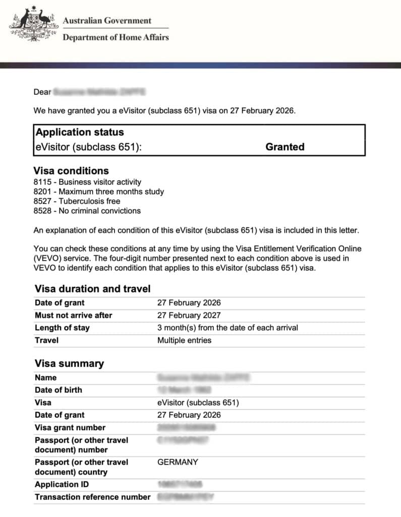 Evisitor Grant Letter